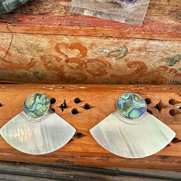 Vintage MODERNIST 925 Sterling Silver Half Moon Abalone mother of pearl  Stud Ea - Picture 9 of 11
